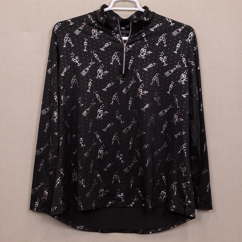 SanSoleil SolShine black with foil champagne print long sleeve pullover top-XXL